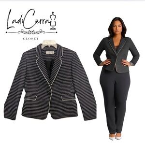 Tahari Navy Black White Striped Dress Long Sleeve Suit Jacket Size 14